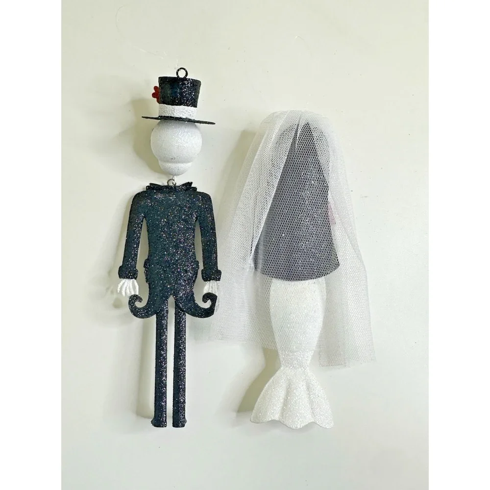 Pier 1 Day Of The Dead Bride Groom Ornaments Skeleton Glitter Sugar Skull Metal
